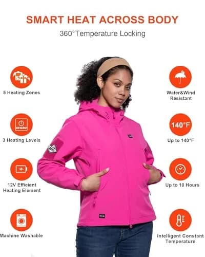 DEWBU Women’s Heated Jacket with 12V Battery Pack | Winter Electric Soft Shell Coat, Rose Red, XS thumbnail 3