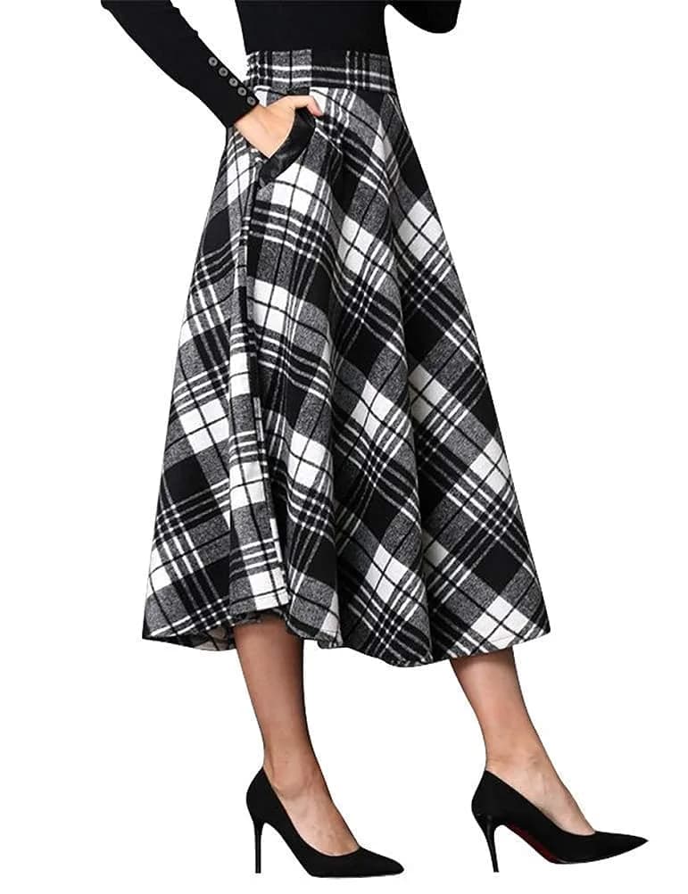 IDEALSANXUN Midi Plaid Skirt for Women High Waist Fall Winter | Classic Pleated Maxi