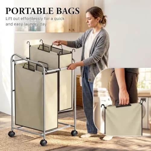 Simple Houseware 2-Bag Heavy Duty Laundry Sorter Rolling Cart, Chrome | Space-Saving Laundry Organizer with Removable Bags thumbnail 6