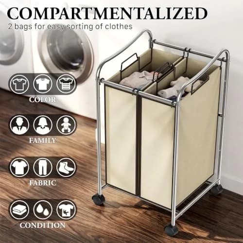 Simple Houseware 2-Bag Heavy Duty Laundry Sorter Rolling Cart, Chrome | Space-Saving Laundry Organizer with Removable Bags thumbnail 7