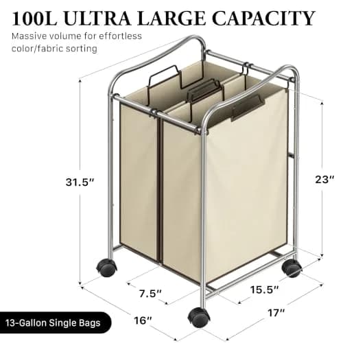 Simple Houseware 2-Bag Heavy Duty Laundry Sorter Rolling Cart, Chrome | Space-Saving Laundry Organizer with Removable Bags thumbnail 2