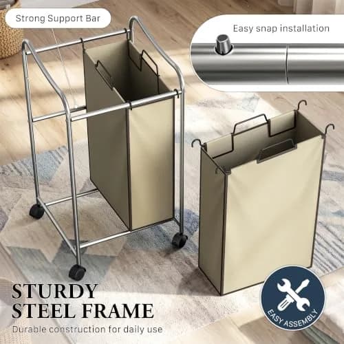 Simple Houseware 2-Bag Heavy Duty Laundry Sorter Rolling Cart, Chrome | Space-Saving Laundry Organizer with Removable Bags thumbnail 3