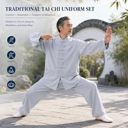 ZooBoo Tai Chi Uniform Set – Traditional Tang Kungfu Suit for Wing Chun, Shaolin, Wushu, Martial Arts Training & Meditation (L, Light grey) thumbnail 3