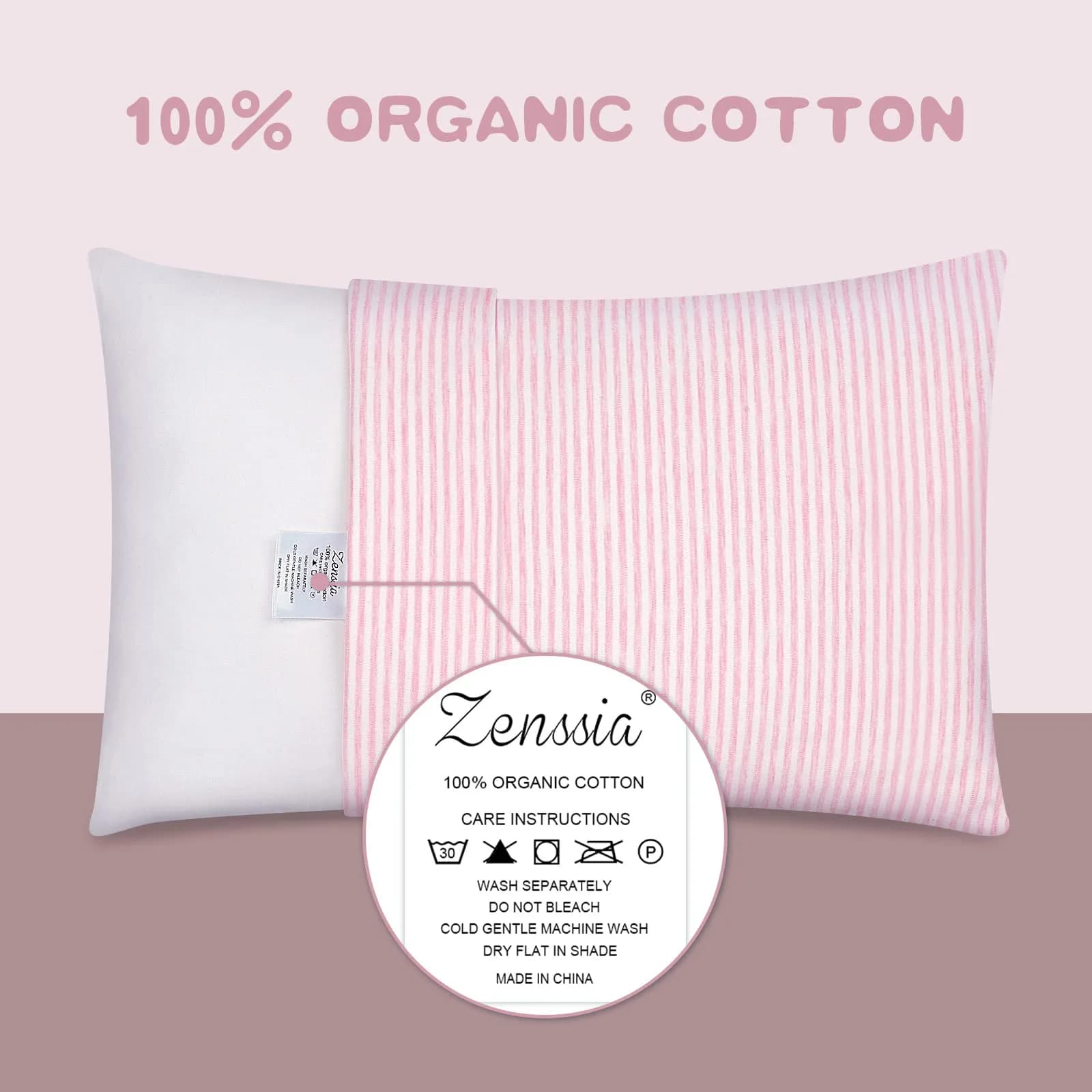 Zenssia Organic Cotton Toddler Pillow Case 33x46 cm (13x18 Inches), 2 Pack Pink Stripe | Soft & Breathable for Baby thumbnail 2