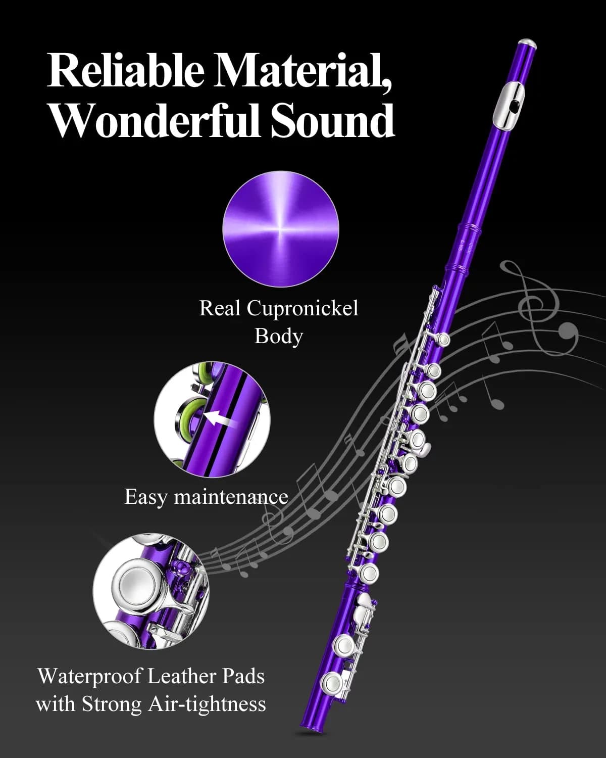 Eastar Closed Hole 16 Keys Flute for Beginner Kids Student with Fingering Chart, Cleaning Kit, Stand, Case, Gloves, Tuning Rod, Purple | Beginner Concert Flute - view 5