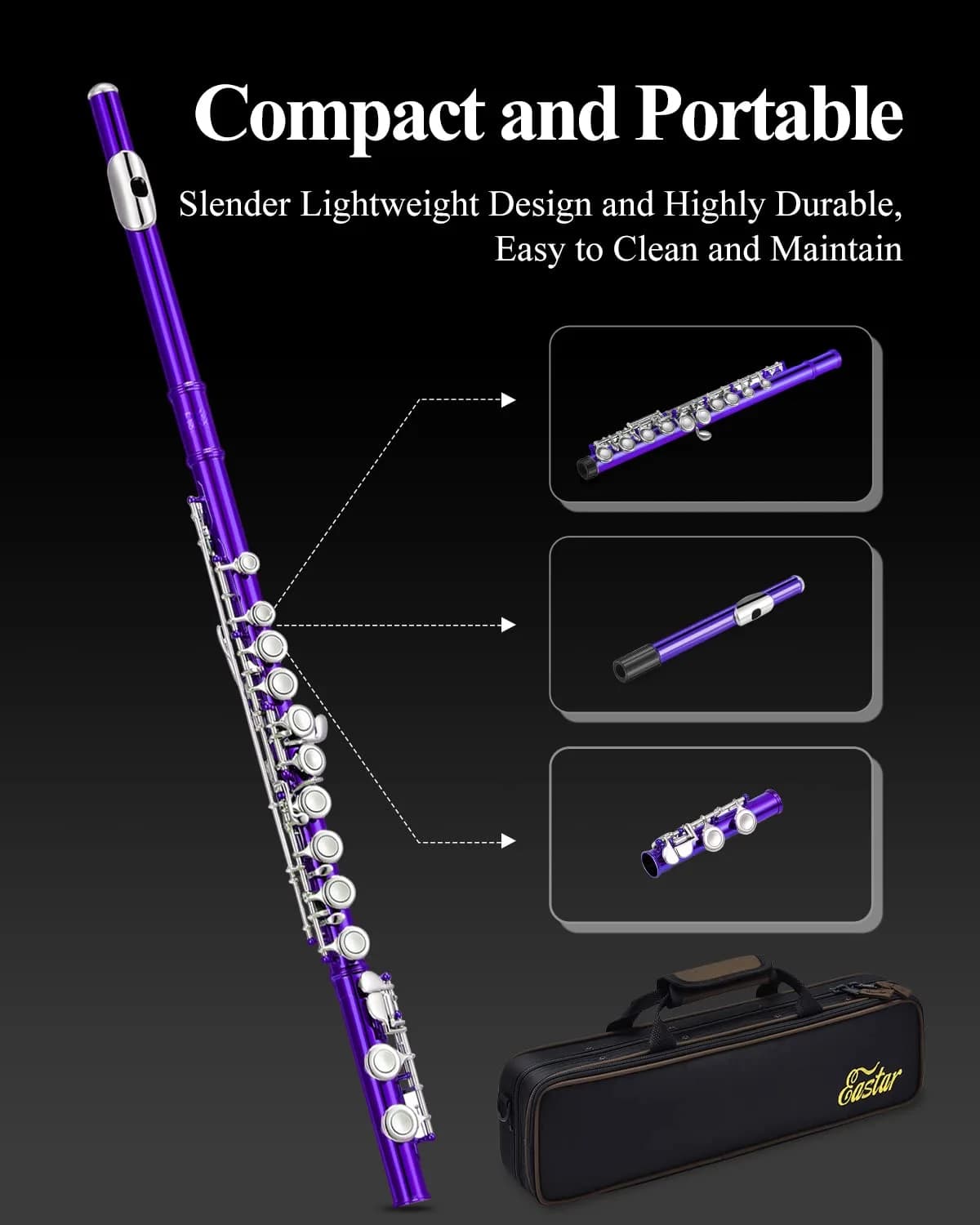 Eastar Closed Hole 16 Keys Flute for Beginner Kids Student with Fingering Chart, Cleaning Kit, Stand, Case, Gloves, Tuning Rod, Purple | Beginner Concert Flute - view 7