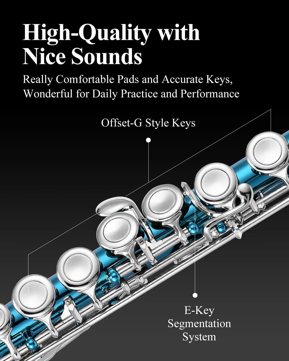 Eastar Open Hole Flute C Key for Beginners, 16 Keys Offset G Split E Student Flute with Case, Fingering Chart, Stand, Cleaning Kit, Advanced Silver Plated, EFL-2 - view 3