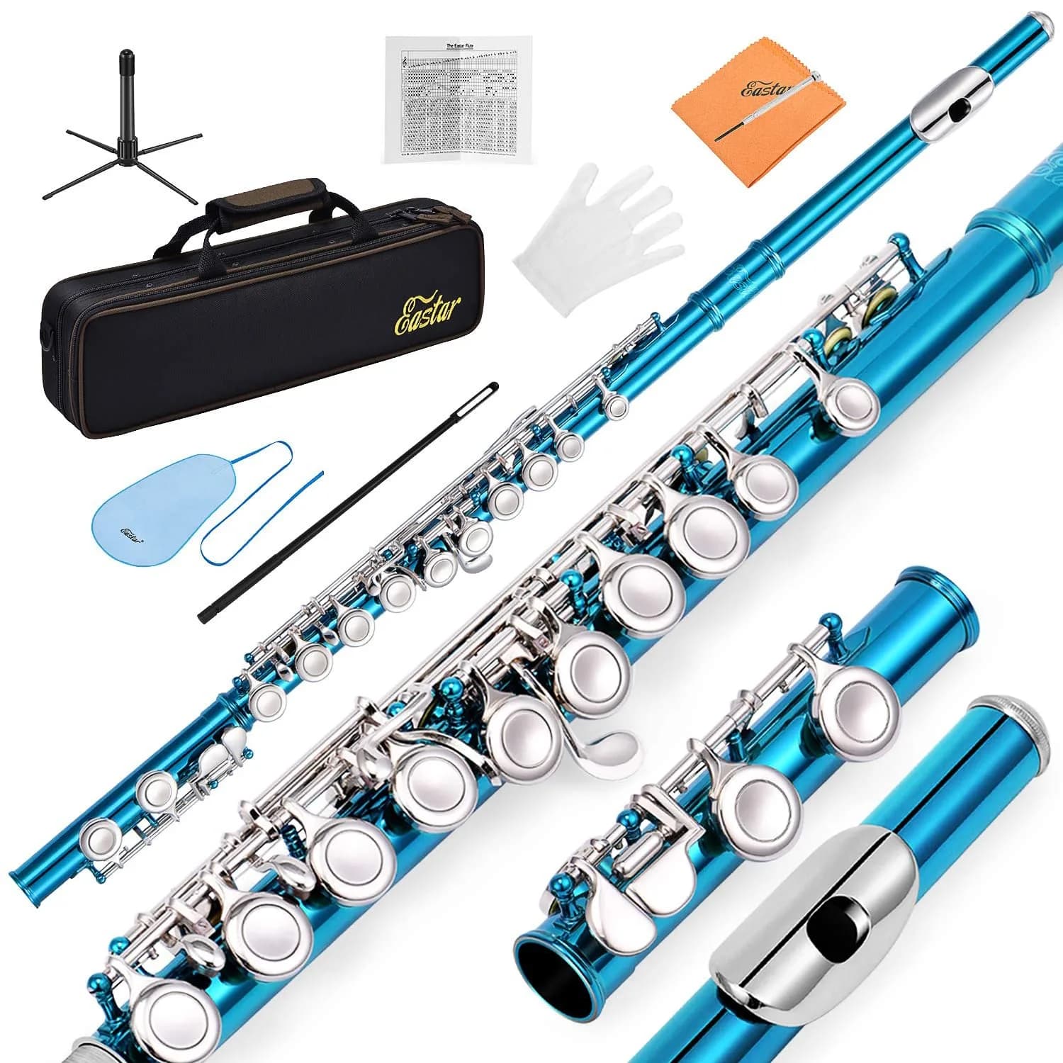 Eastar Open Hole Flute C Key for Beginners, 16 Keys Offset G Split E Student Flute with Case, Fingering Chart, Stand, Cleaning Kit, Advanced Silver Plated, EFL-2 — Sky Blue