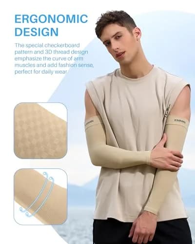 KMMIN UV Protection Arm Sleeves UPF 50 | Cooling & Compression for Driving, Cycling, Basketball, Men & Women (Navy/Beige) thumbnail 6