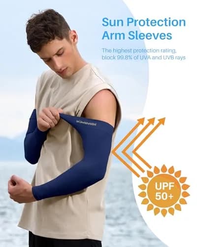 KMMIN UV Protection Arm Sleeves UPF 50 | Cooling & Compression for Driving, Cycling, Basketball, Men & Women (Navy/Beige) thumbnail 2