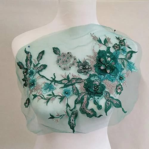 FEEPOP 3D Embroidered Flower Patch with Beads - Color E (Green), 35cm x 28cm Floral Lace Applique for Wedding Dresses - main product image