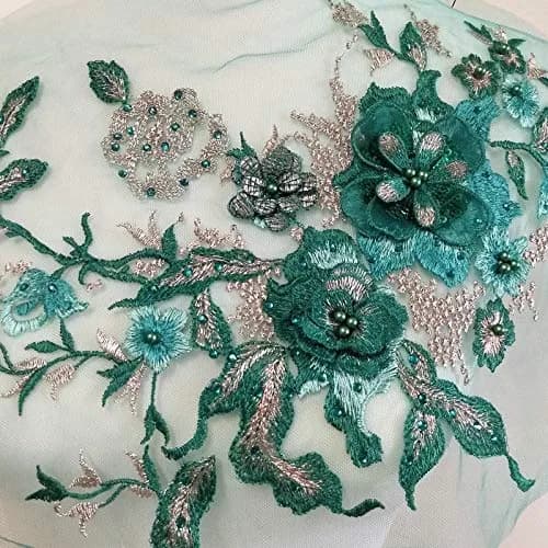 FEEPOP 3D Embroidered Flower Patch with Beads - Color E (Green), 35cm x 28cm Floral Lace Applique for Wedding Dresses - view 2