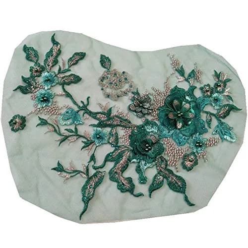 FEEPOP 3D Embroidered Flower Patch with Beads - Color E (Green), 35cm x 28cm Floral Lace Applique for Wedding Dresses - view 3