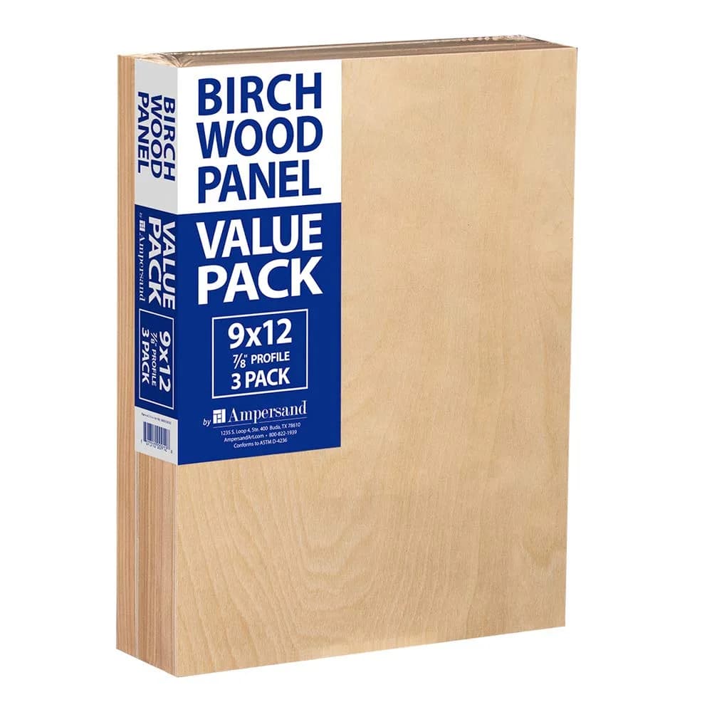 Ampersand Art Supply Birch Wood Art Painting Panels 8"x 8" | Cradled Profile for Artists — Birch Wood / 9"x12"