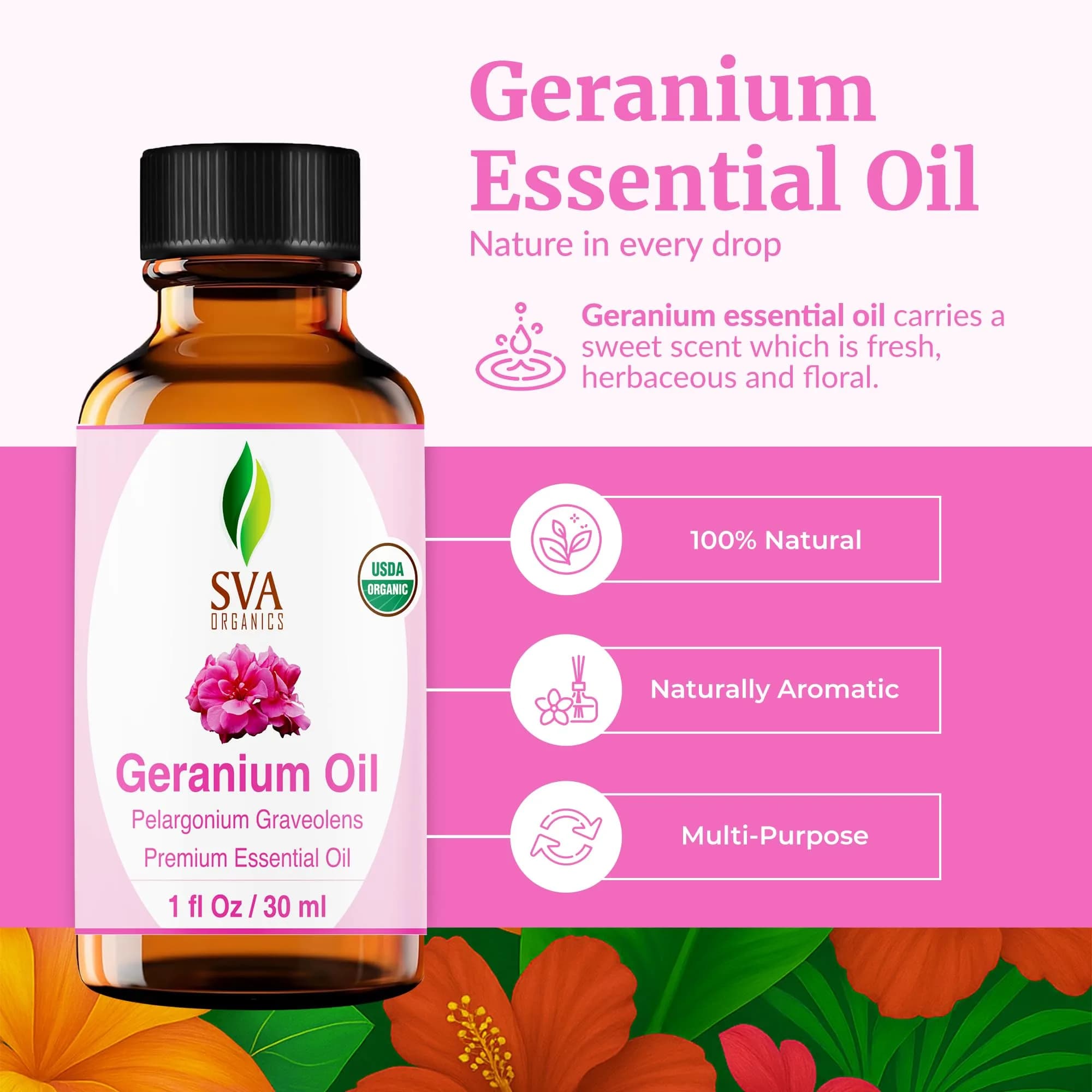 SVA ORGANICS Organic Geranium Essential Oil 1 Fl Oz (Pack of 1) | Pure & Natural Aromatherapy Oil - view 2
