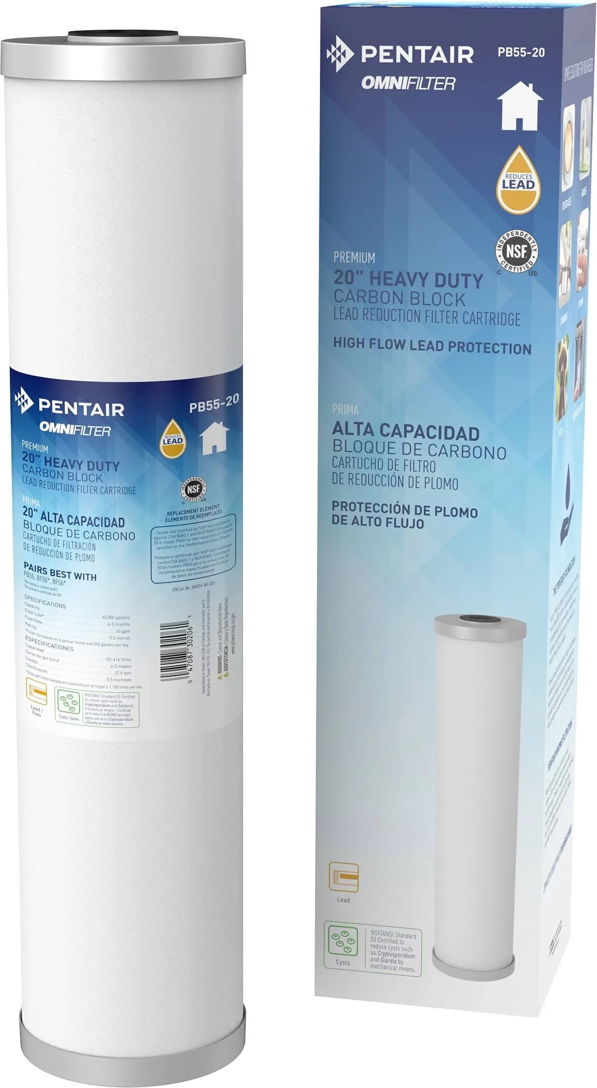 OMNIFilter PB55-20 Big Blue 20" x 4.5" Carbon Block Water Filter | 40,000 Gallon Capacity, NSF Certified, Lead & Cyst Reduction