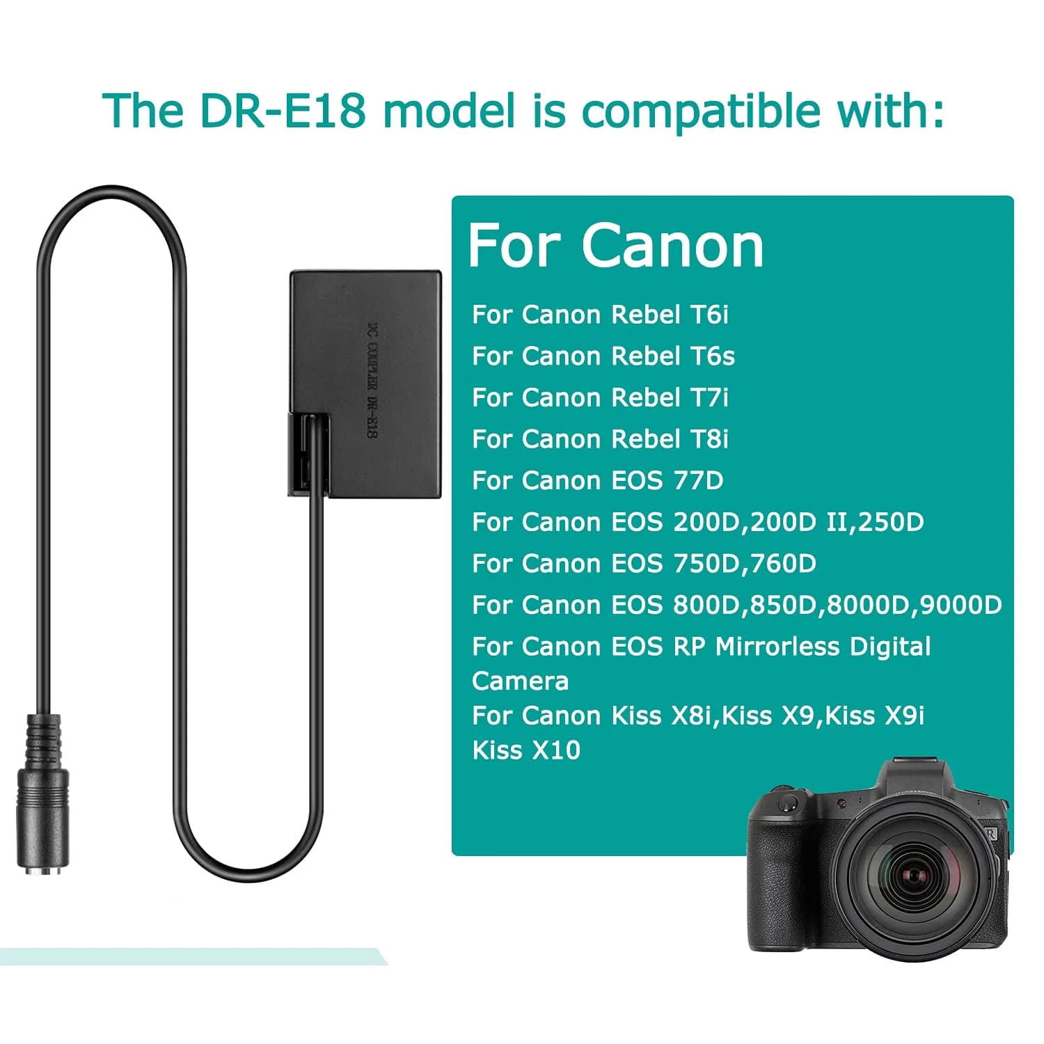 Raeisusp ACK-E18 Dummy Battery USB Cable Kit for Canon EOS 750D 800D SL2 SL3 RP 120cm | Power Your Camera Continuously - view 3