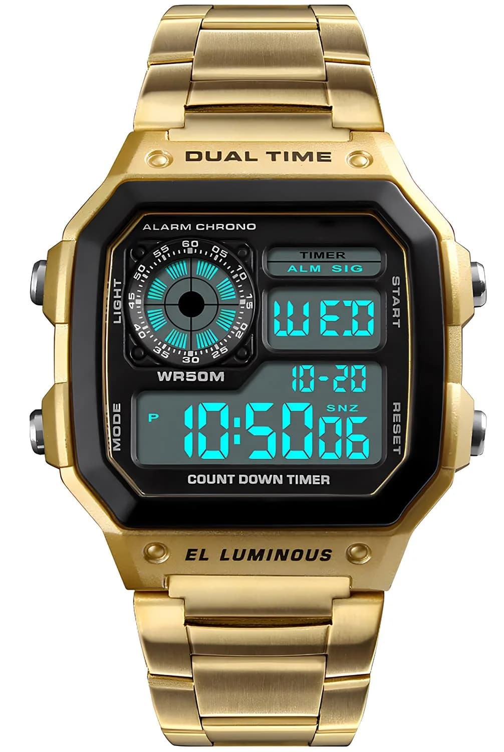 PASOY Men's Digital Sport Watch 43mm (1.7in) | Dual Time, Stopwatch, Countdown, Backlight, 50M Water Resistant — Gold