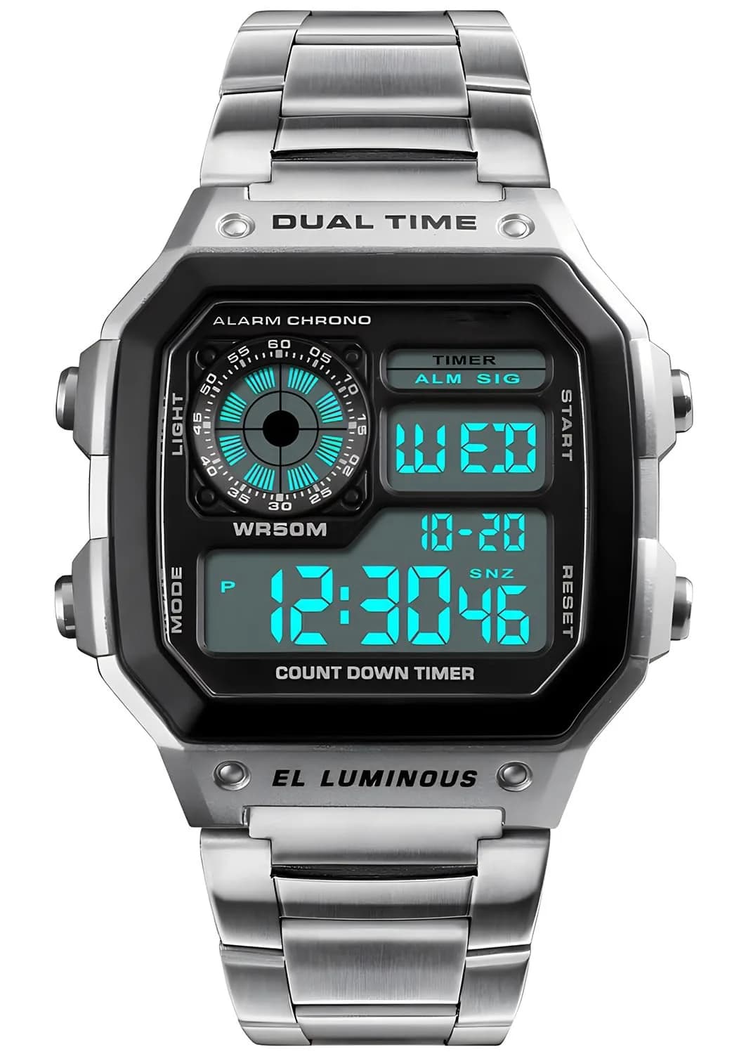 PASOY Men's Digital Sport Watch 43mm (1.7in) | Dual Time, Stopwatch, Countdown, Backlight, 50M Water Resistant — Silver