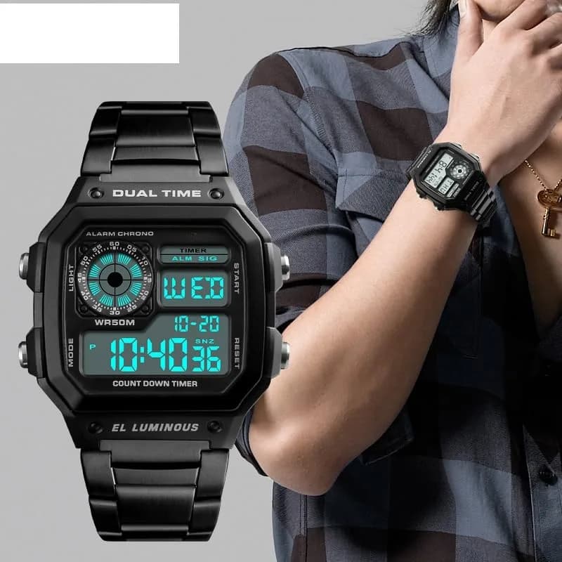 PASOY Men's Digital Sport Watch 43mm (1.7in) | Dual Time, Stopwatch, Countdown, Backlight, 50M Water Resistant thumbnail 8