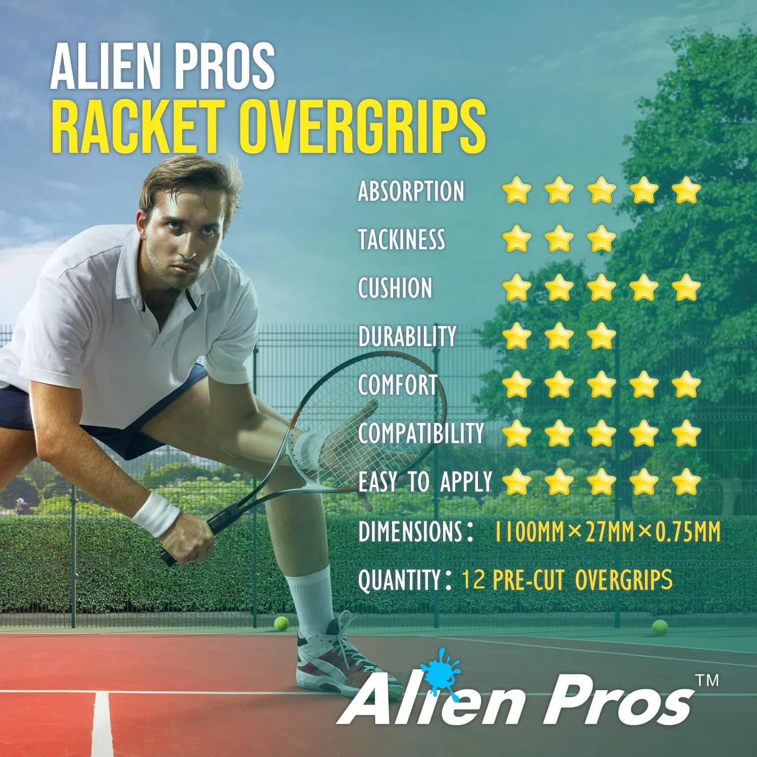ALIEN PROS Tennis Racket Grip Tape 12 Grips | Dry Feel & Absorbent Overgrip for High Performance - view 6