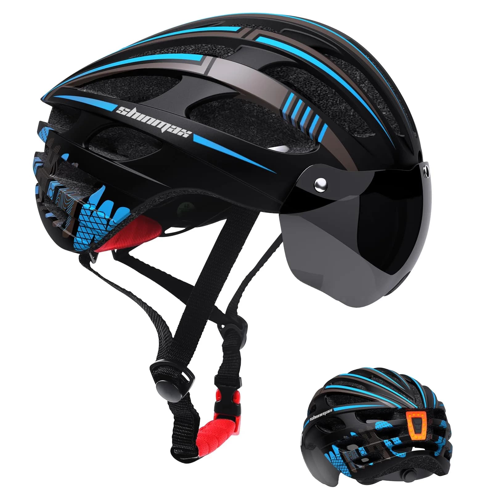 Shinmax Bike Helmet with 9-Mode Rechargeable Rear Light & Magnetic Goggles | Adult Cycling Safety Gear — Black Blue