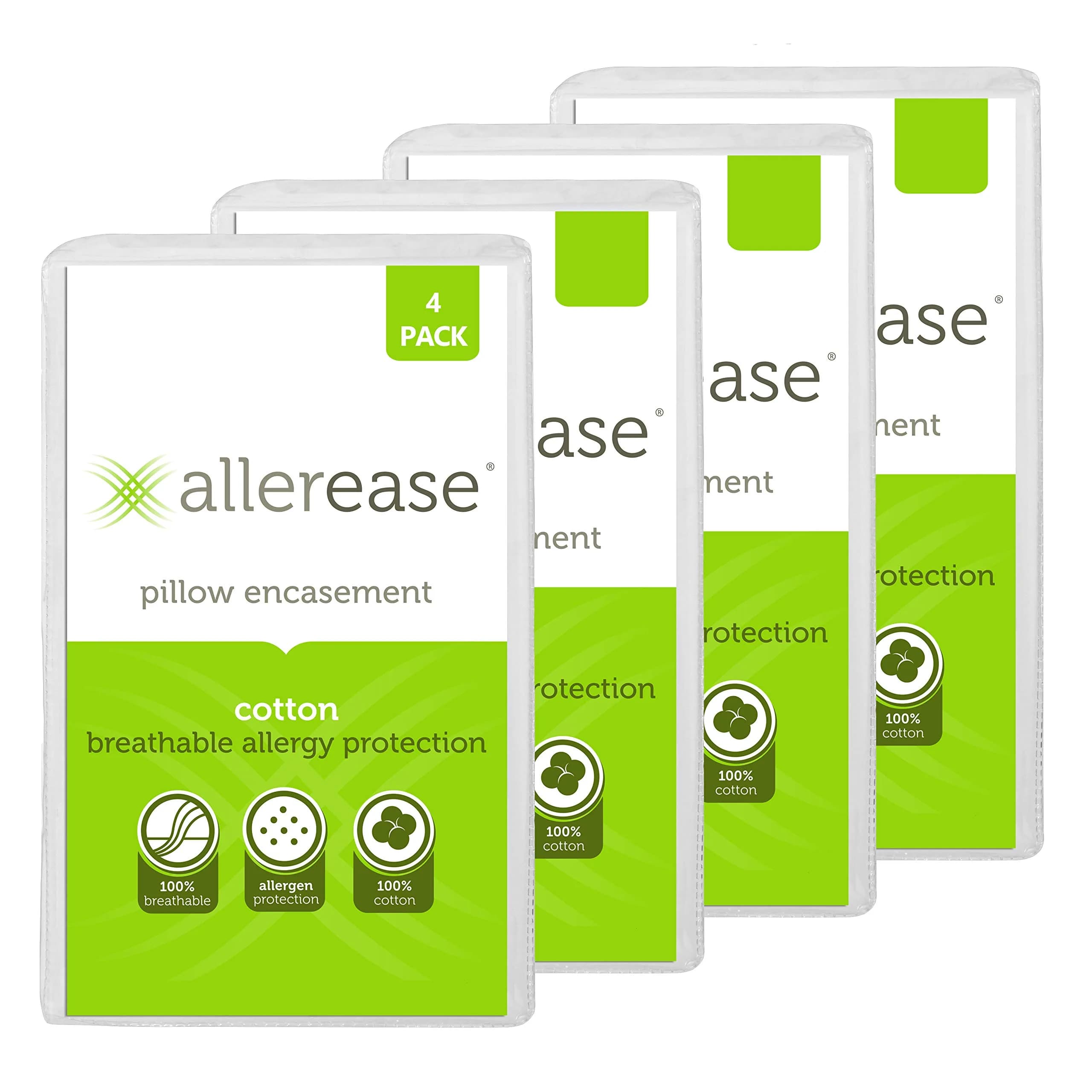 Aller-Ease 100% Cotton Allergy Pillow Protectors Standard 4 Pack | Zippered Breathable Barrier - main product image