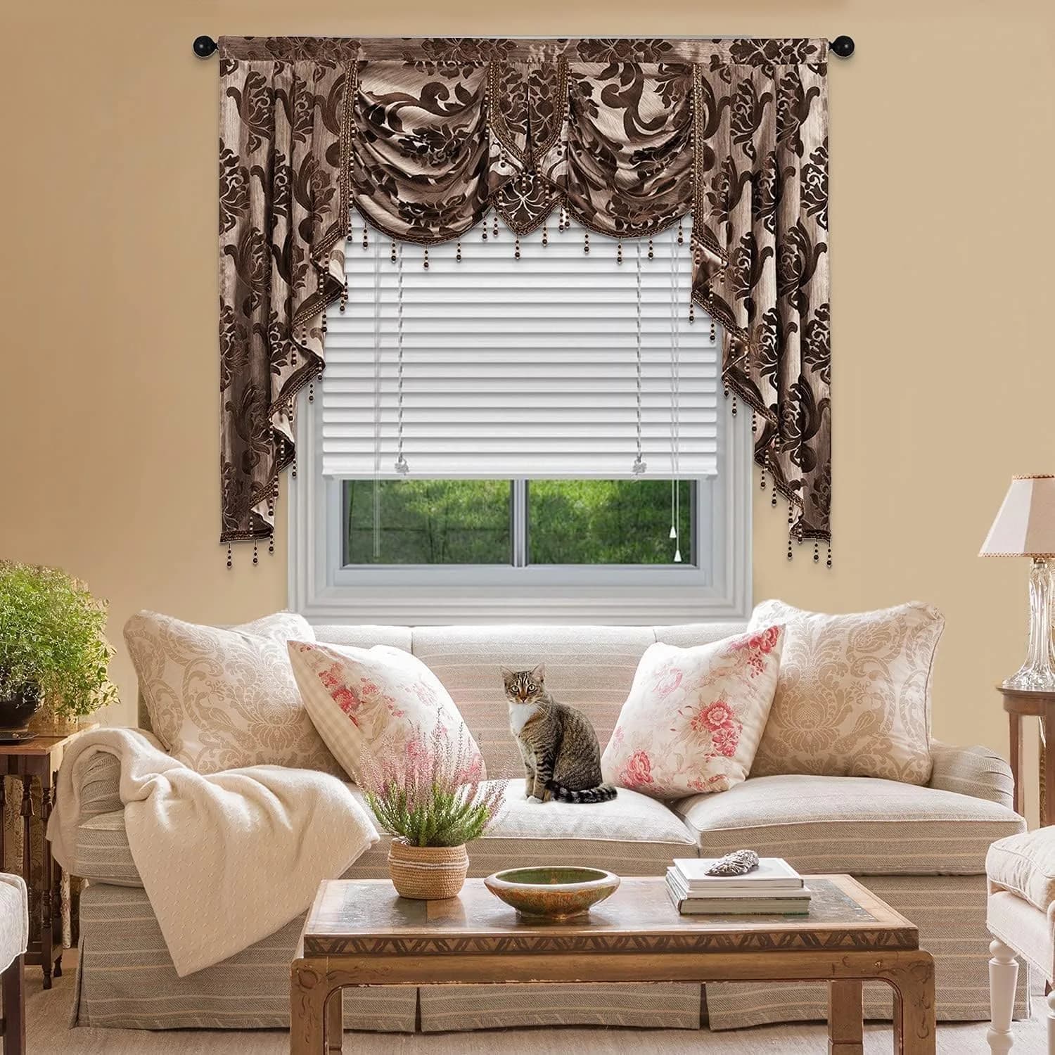 NAPEARL Window Valances for Living Room, Jacquard Damask Luxury Valance Curtains, 61-Inch Wide, Chocolate Brown | Waterfall Swags