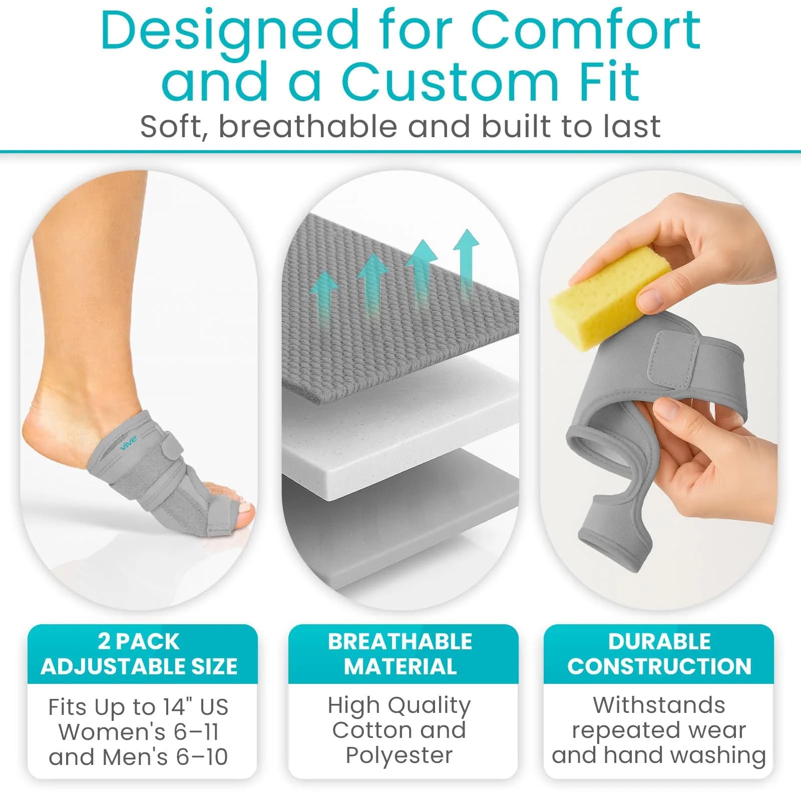 Vive Bunion Brace (Pair) - Big Toe Corrector Straightener with Splint, Gray | FDA Approved Orthopedic Brace for Pain Relief - view 5