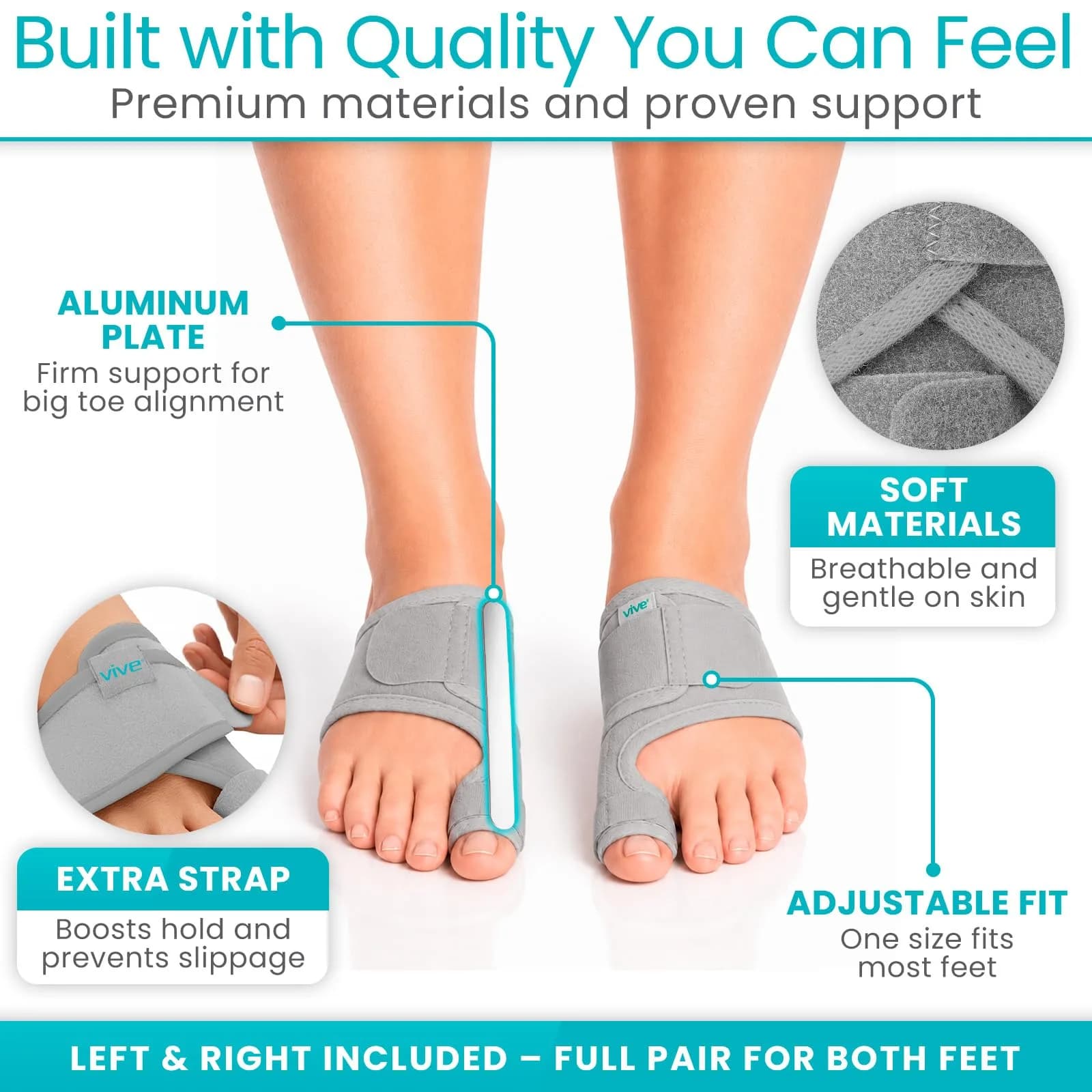 Vive Bunion Brace (Pair) - Big Toe Corrector Straightener with Splint, Gray | FDA Approved Orthopedic Brace for Pain Relief - view 6
