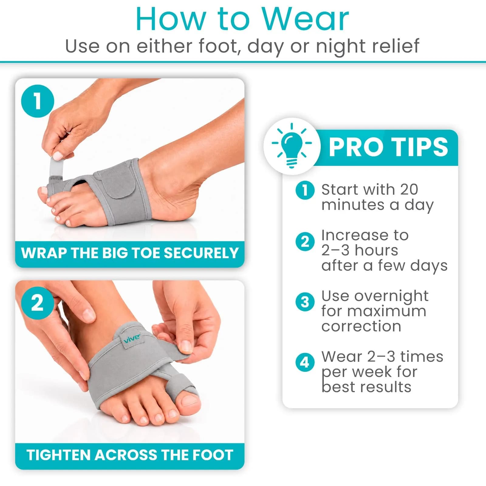 Vive Bunion Brace (Pair) - Big Toe Corrector Straightener with Splint, Gray | FDA Approved Orthopedic Brace for Pain Relief - view 7