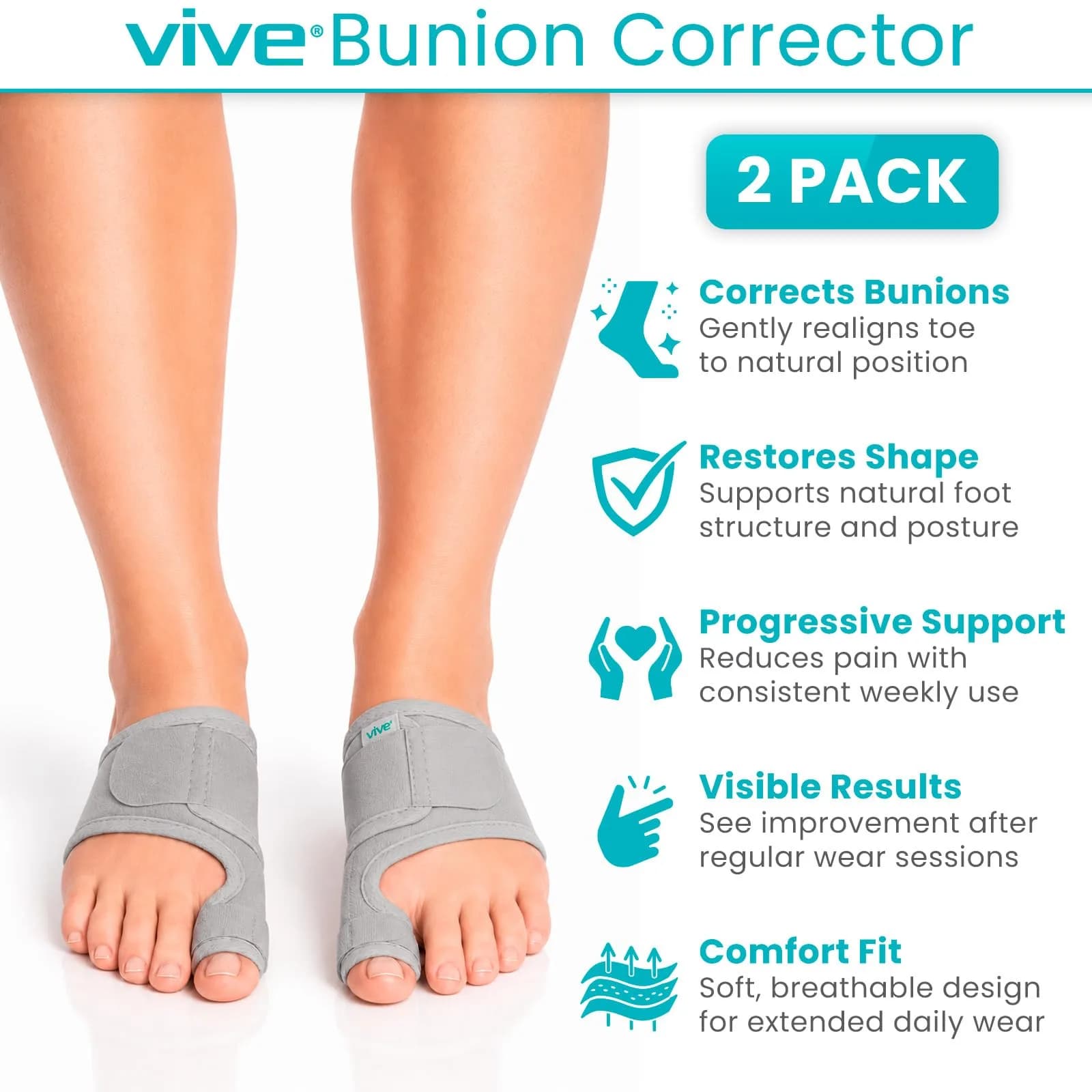 Vive Bunion Brace (Pair) - Big Toe Corrector Straightener with Splint, Gray | FDA Approved Orthopedic Brace for Pain Relief - view 2