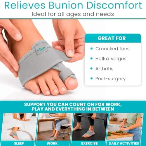 Vive Bunion Brace (Pair) - Big Toe Corrector Straightener with Splint, Gray | FDA Approved Orthopedic Brace for Pain Relief thumbnail 3