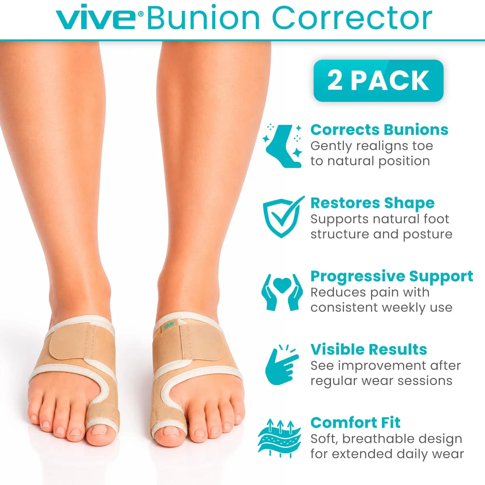Vive Bunion Brace Pair - Beige 2 Count (Pack of 1) | FDA Approved Orthopedic Brace for Big Toe Pain Relief - view 2