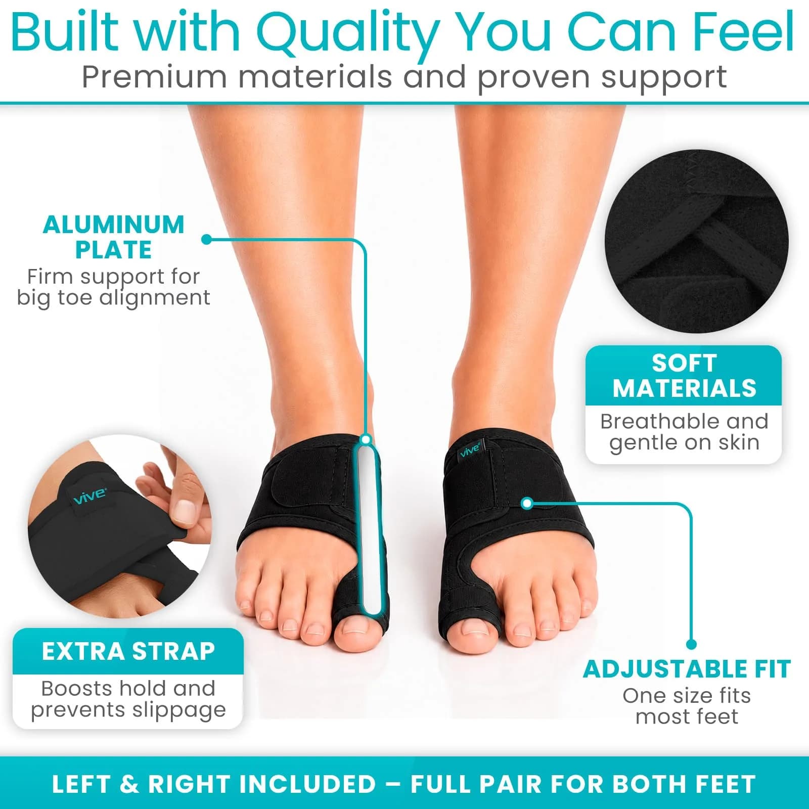 Vive Bunion Brace Pair - Big Toe Corrector Straightener with Aluminum Splint, Black - view 6