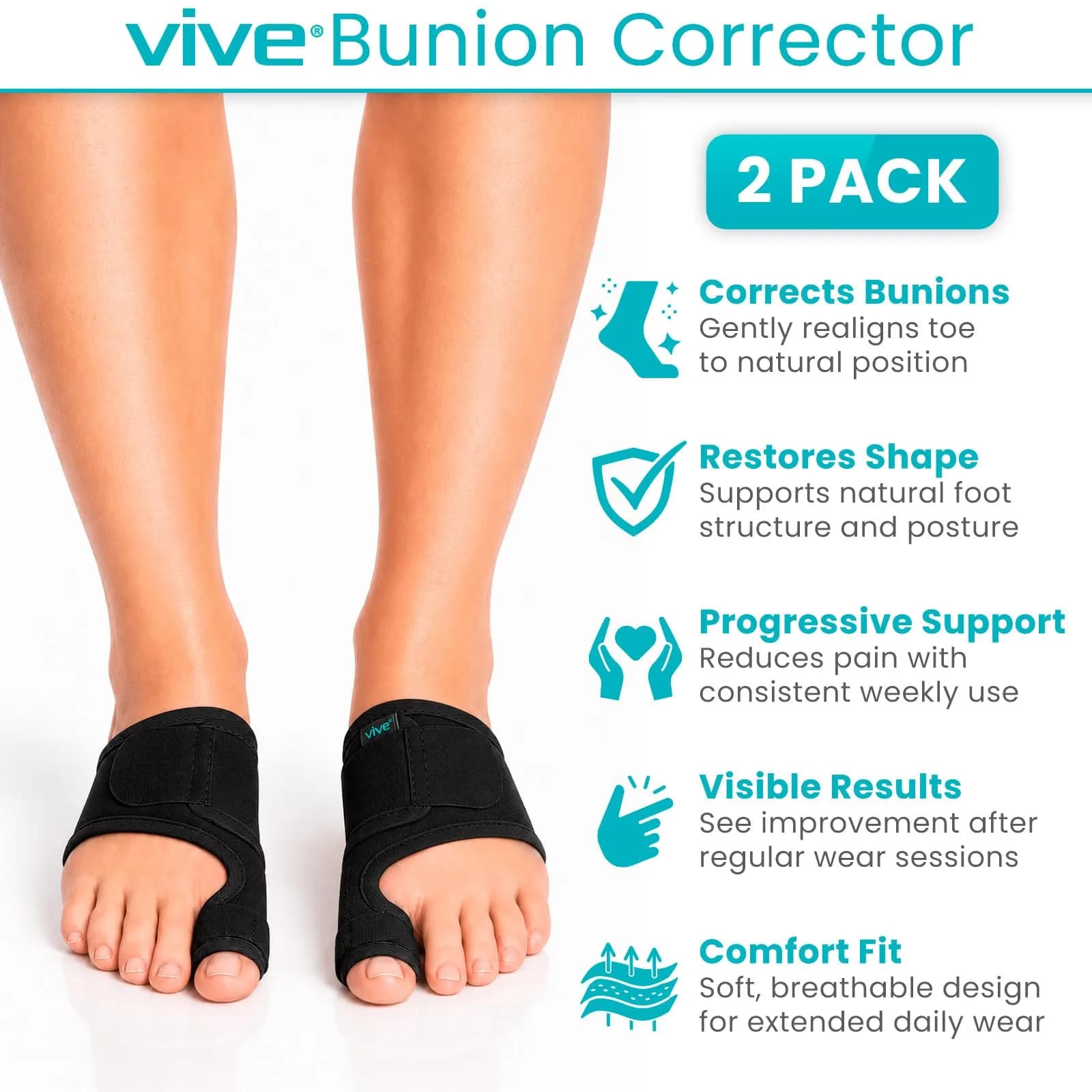 Vive Bunion Brace Pair - Big Toe Corrector Straightener with Aluminum Splint, Black - view 2