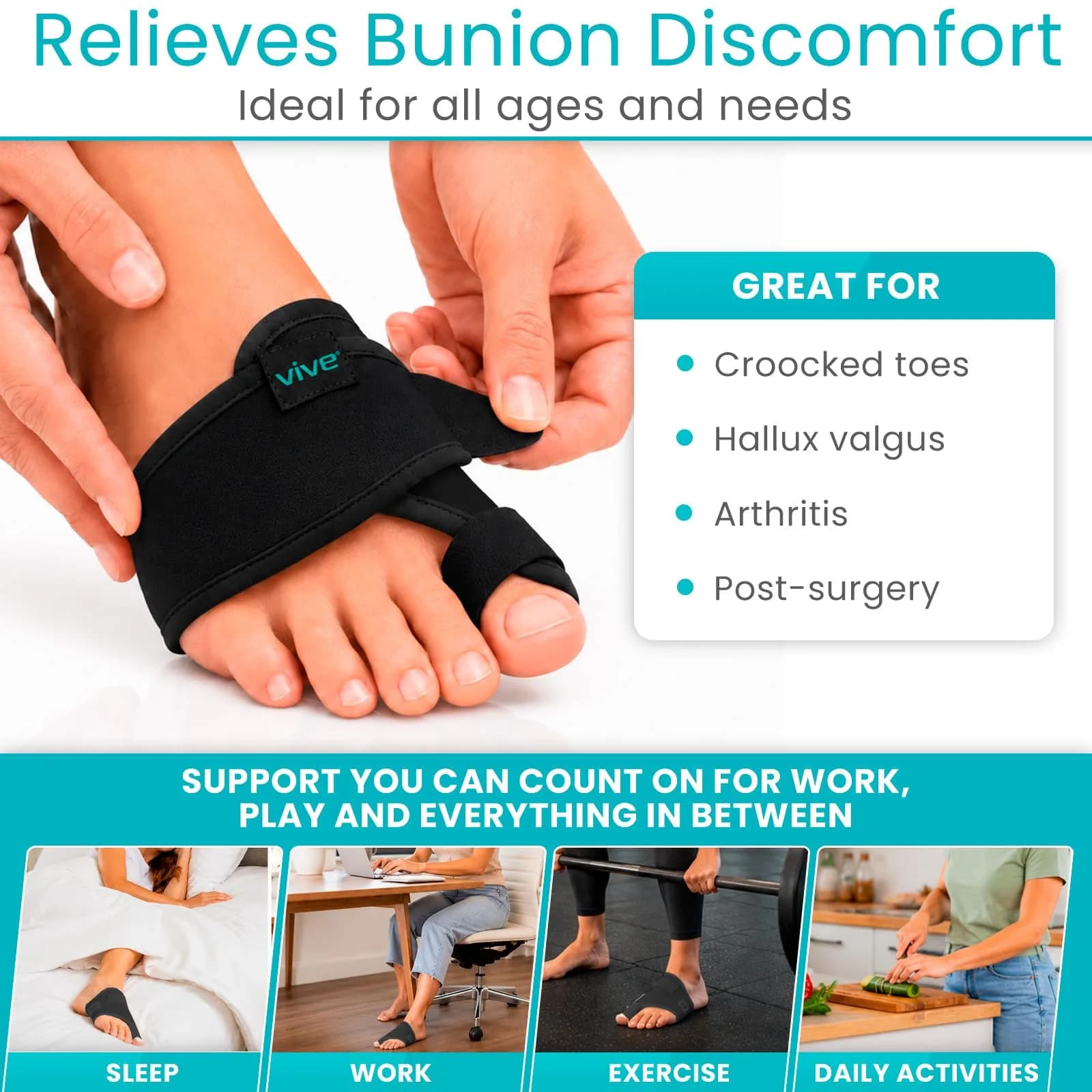Vive Bunion Brace Pair - Big Toe Corrector Straightener with Aluminum Splint, Black - view 3