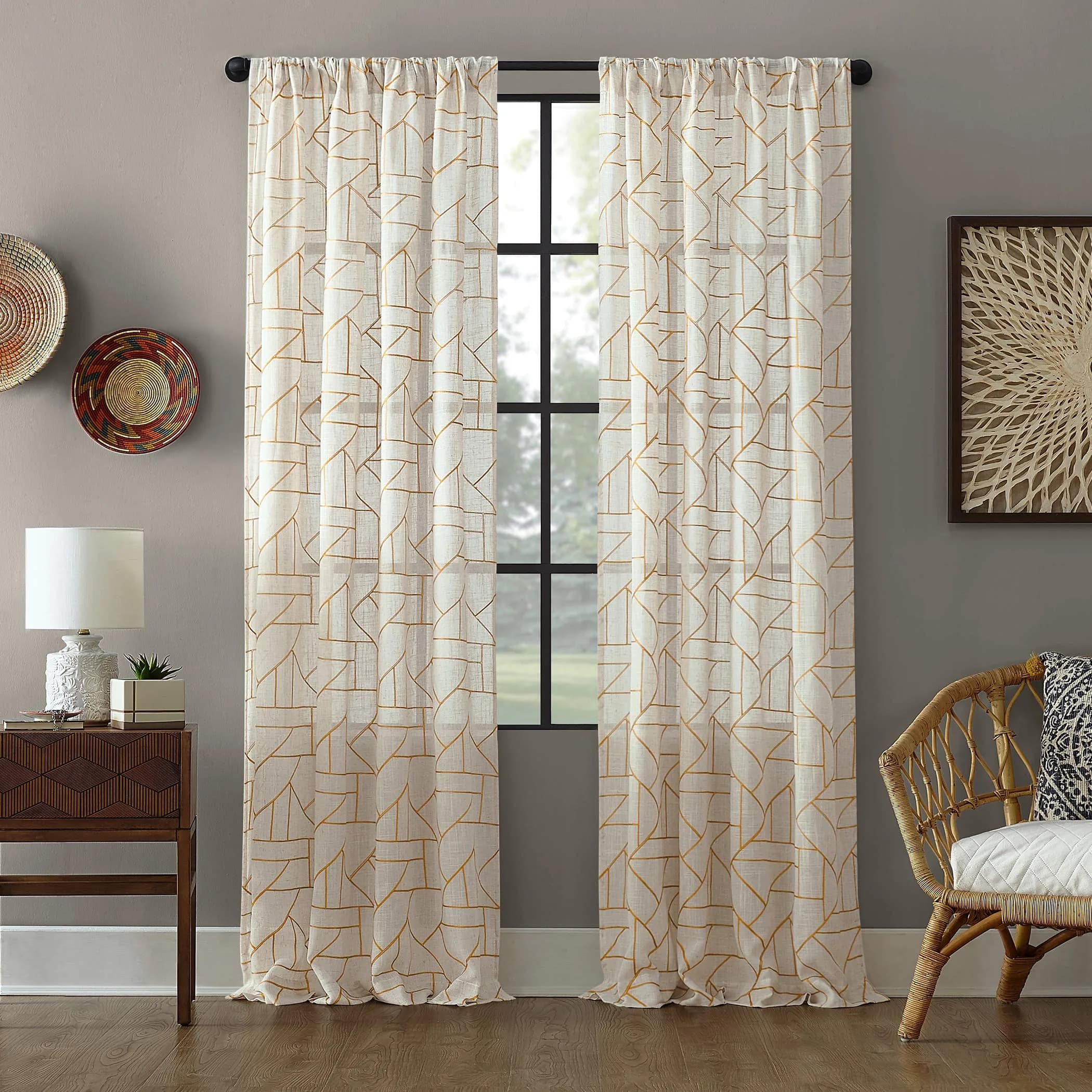 Archaeo Natural Linen Blend Curtain 50" x 95" | Geometric Embroidery for Modern Homes