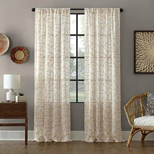 Archaeo Natural Linen Blend Curtain 50" x 95" | Geometric Embroidery for Modern Homes thumbnail 1