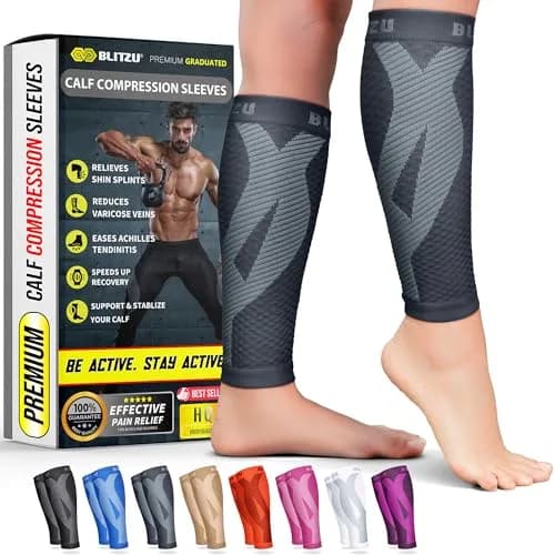 BLITZU Calf Compression Sleeves Gray Large/X-Large | Orthopedic Brace for Shin Splints & Varicose Veins thumbnail 1