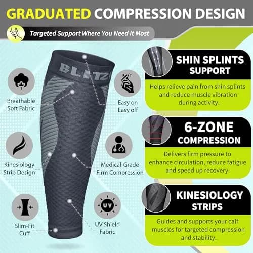 BLITZU Calf Compression Sleeves Gray Large/X-Large | Orthopedic Brace for Shin Splints & Varicose Veins thumbnail 3