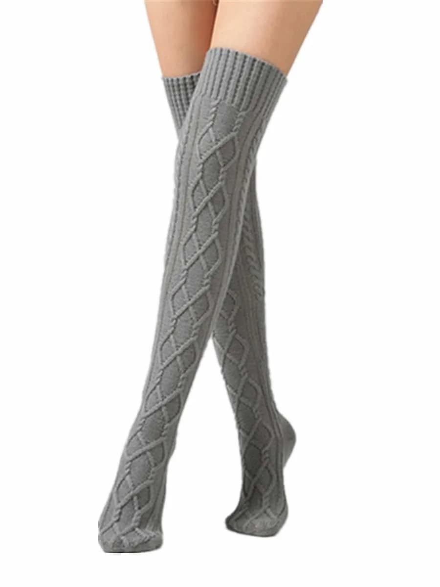 Leoparts Women's Cable Knit Thigh High Socks Over Knee Leg Warmer Stockings | Versatile Winter Stockings for Women — Grey-352