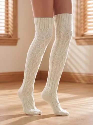 Leoparts Women's Cable Knit Thigh High Socks Over Knee Leg Warmer Stockings | Versatile Winter Stockings for Women thumbnail 3