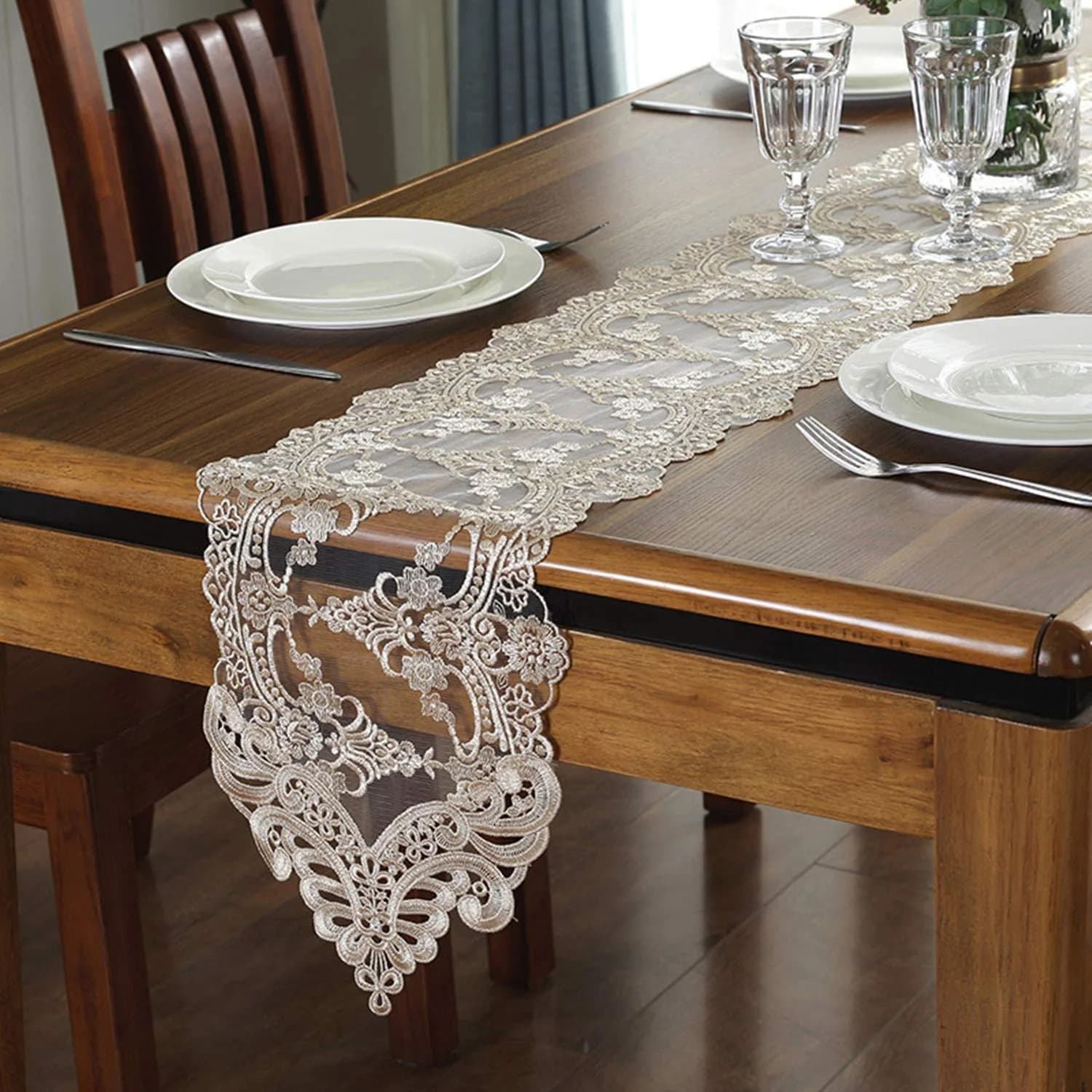 Gleamique Lace Table Runner and Dresser Scarf Floral Champagne 10 x 60 Inches | Elegant Vintage Lace Decor — Champagne