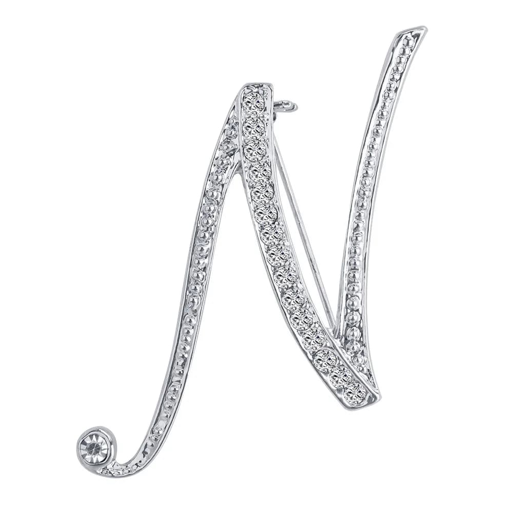 Liasun 26 Letters Brooches Silver Plated Metal Broaches Pins-Clear Crystal Initial Breastpin (1pcs-N) | Elegant Letter Brooch for Women