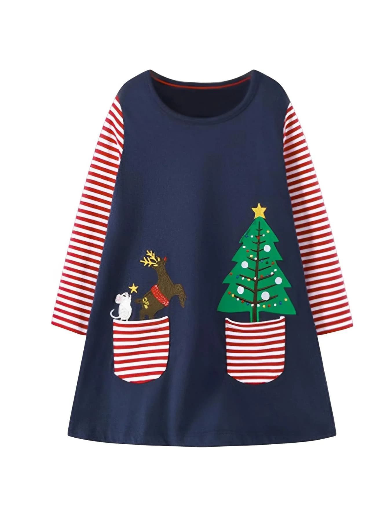 HILEELANG Toddler Girl Dress Christmas Navy Blue Deer Elk Long Sleeve Cotton 3T | Festive Cotton Dress for Girls