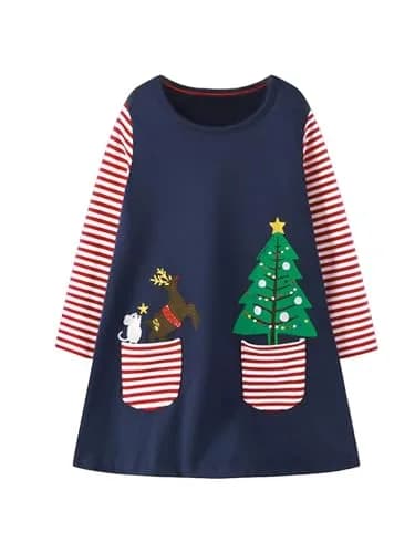 HILEELANG Toddler Girl Dress Christmas Navy Blue Deer Elk Long Sleeve Cotton 3T | Festive Cotton Dress for Girls thumbnail 1
