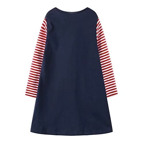 HILEELANG Toddler Girl Dress Christmas Navy Blue Deer Elk Long Sleeve Cotton 3T | Festive Cotton Dress for Girls thumbnail 2