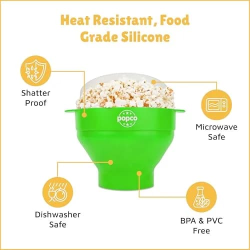 POPCO Silicone Popcorn Popper Large 15 Cup Capacity Green | Collapsible Microwave Popcorn Maker with Handles & Lid thumbnail 6