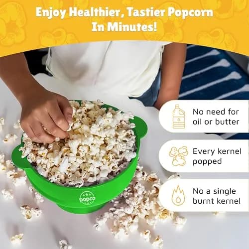 POPCO Silicone Popcorn Popper Large 15 Cup Capacity Green | Collapsible Microwave Popcorn Maker with Handles & Lid thumbnail 2